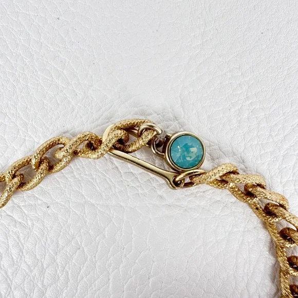 Spartina 449 Gold Tone Chain Necklace Turquoise Uranium Glass Beads Signed 18